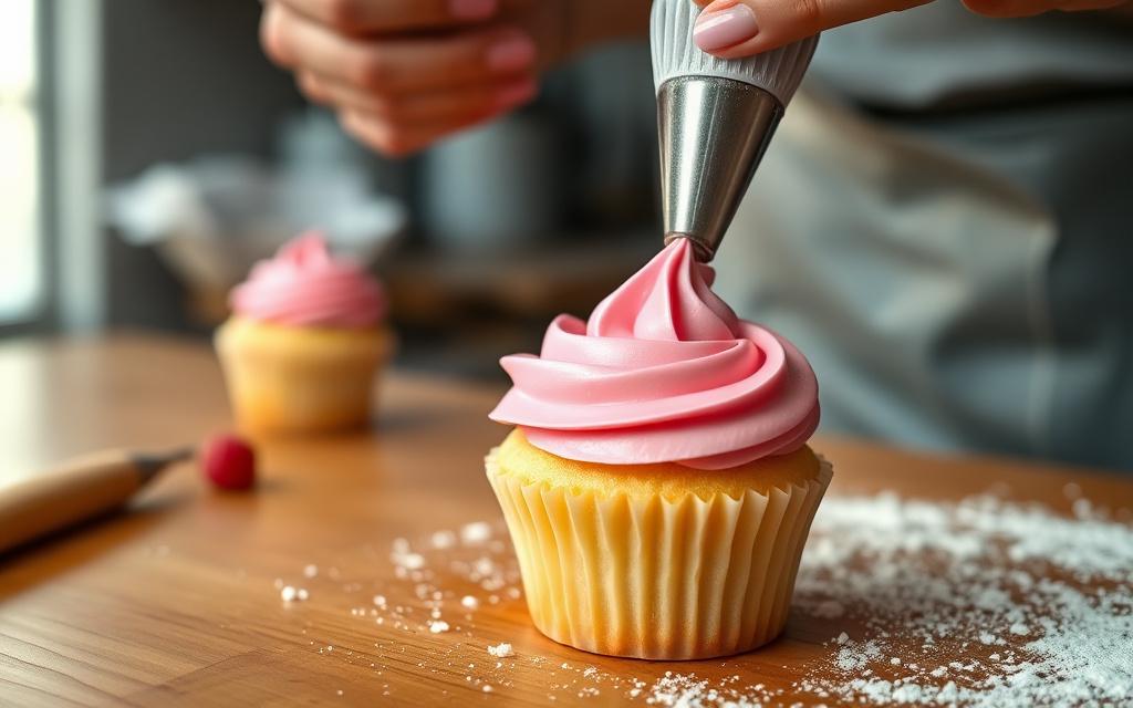 Baker piping raspberry buttercream onto a vanilla cupcake