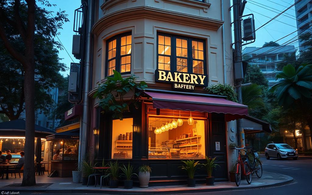 Devwise Bakehouse shopfront on Jalan Telawi at dusk