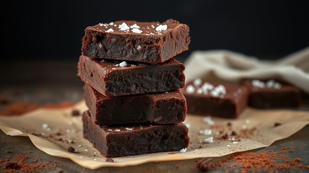 Stacked sea-salt fudge brownie slabs on parchment paper