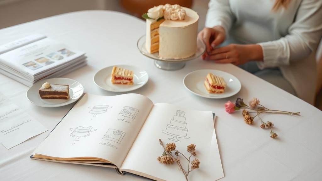 Cake tasting table with sample slices and a design sketchbook