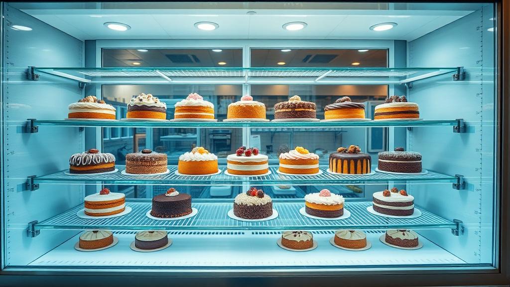Whole cakes stored in a chilled glass display cabinet