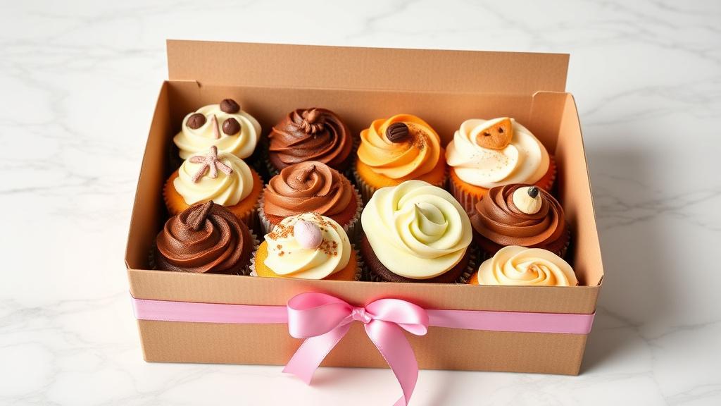 A dozen assorted Devwise cupcakes packed in a kraft gift box