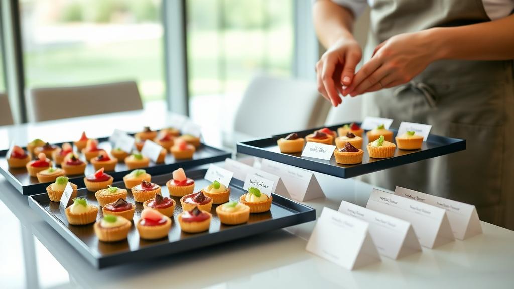 Caterer arranging trays of mini desserts for a conference coffee break