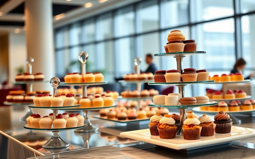 Dessert grazing table with mini cupcakes and macarons at a corporate event