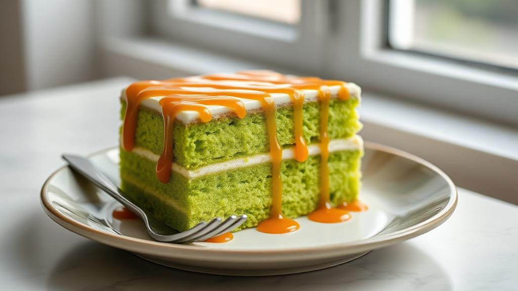 Slice of pandan layer cake with gula melaka drizzle