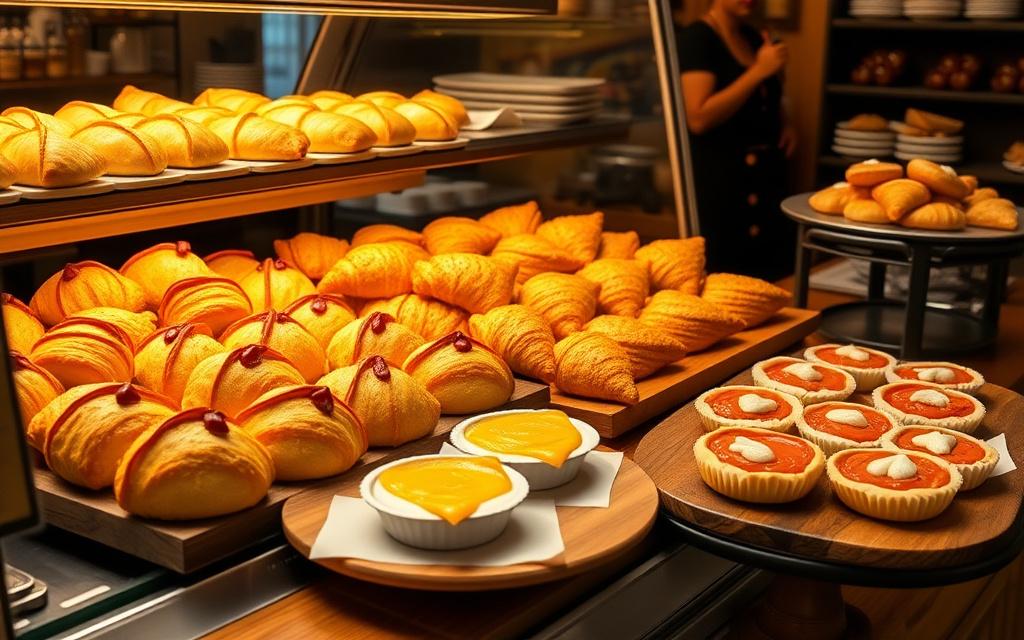 Golden croissants and butter pastries in the Devwise display case