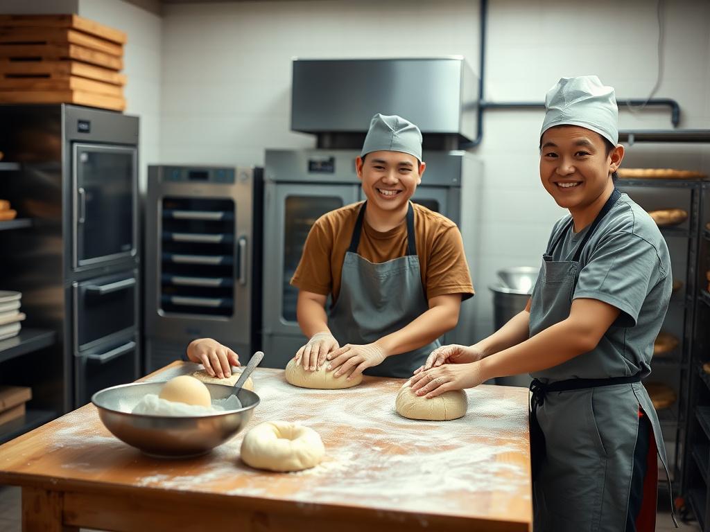 The Devwise Bakehouse team kneading dough at the Bangsar kitchen bench