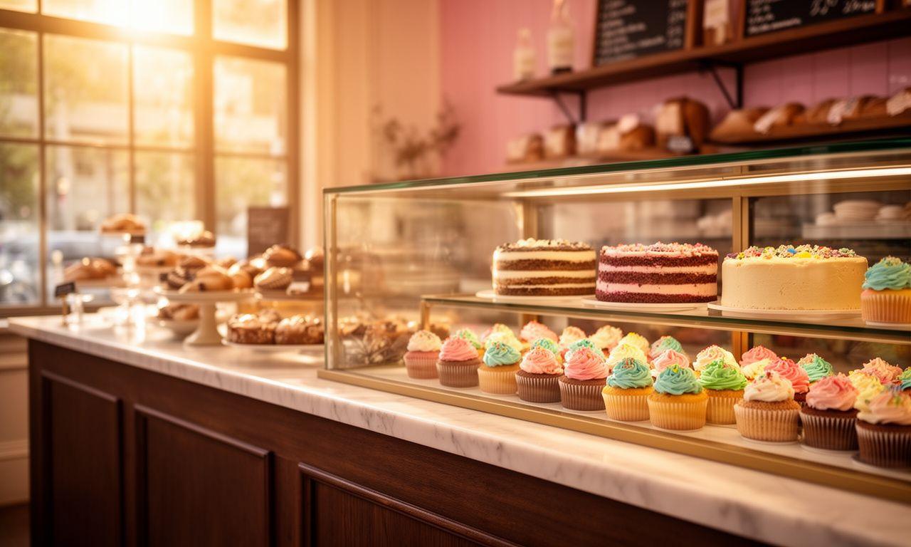 Morning light over the Devwise Bakehouse counter filled with cupcakes and cakes