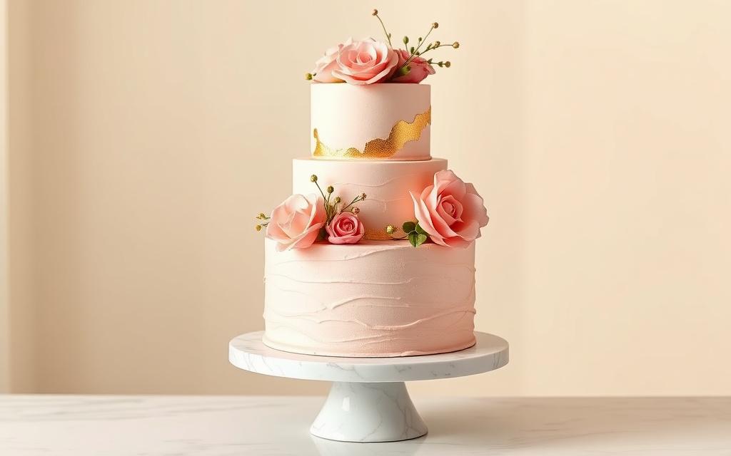 Three-tier blush celebration cake with fresh flowers and gold leaf