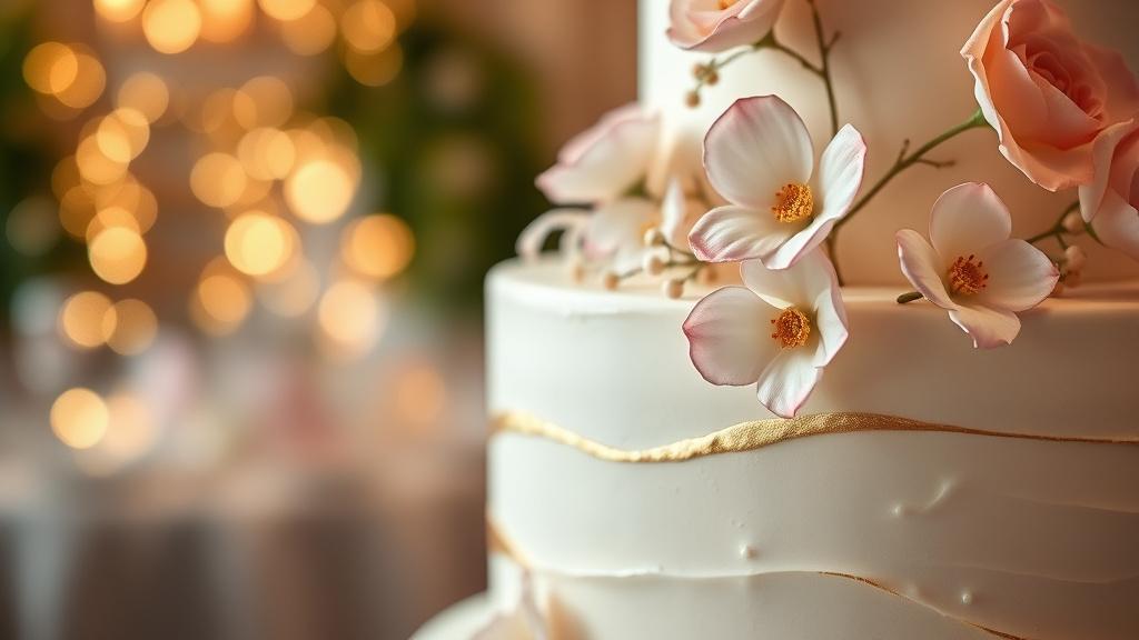 Detail of a white wedding cake with handmade sugar flowers and gold brushwork